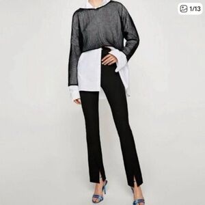 Zara Ribbed Front Slit Flare Leggings Women Size M  Black High Waist Pants